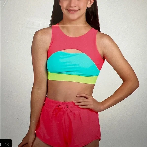 Purple Pixies Trifecta Top coral flame/neon yellow/turquoise size CM - Picture 1 of 4